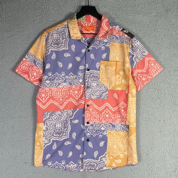 Negative Space Patchwork Bandana Print Shirt Multicolor Button Top‎ Men’s M - Picture 3 of 9